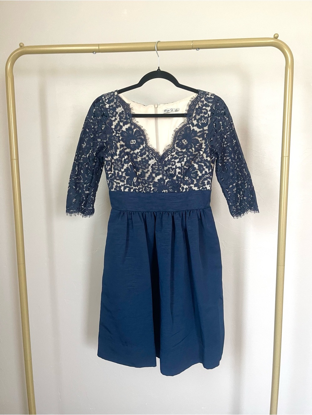 Eliza J Navy Lace Midi Dress with Contrast Lining Navy Blue